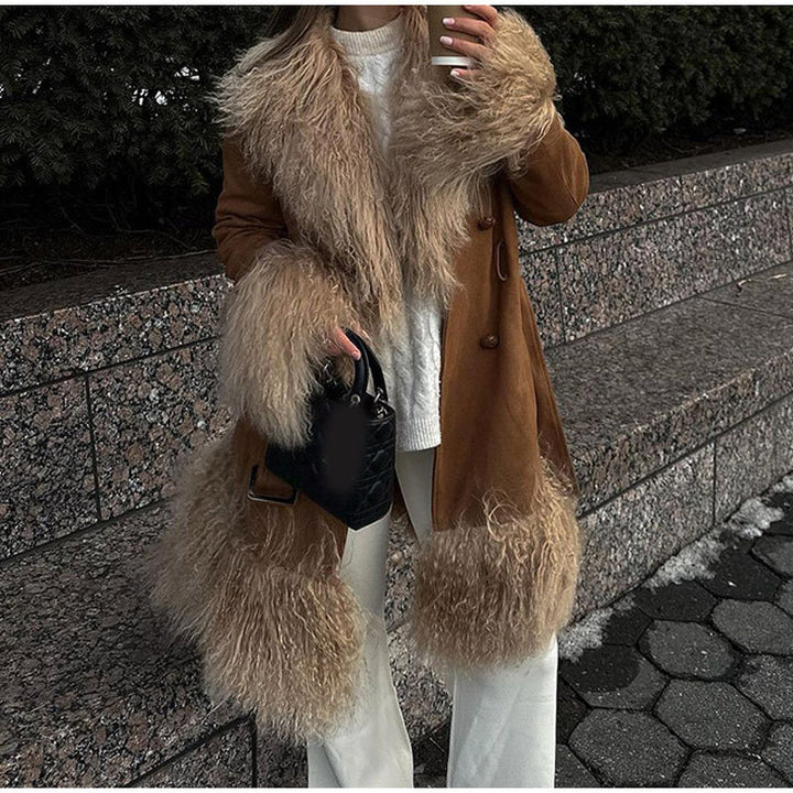 Damen Oversized Wintermantel mit luxuriösem Kunstfellkragen Drune
