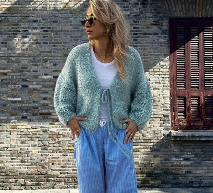 Damen Grobstrickjacke mit festlichem Knotendetail und weit geschnittenen Ärmeln Drune
