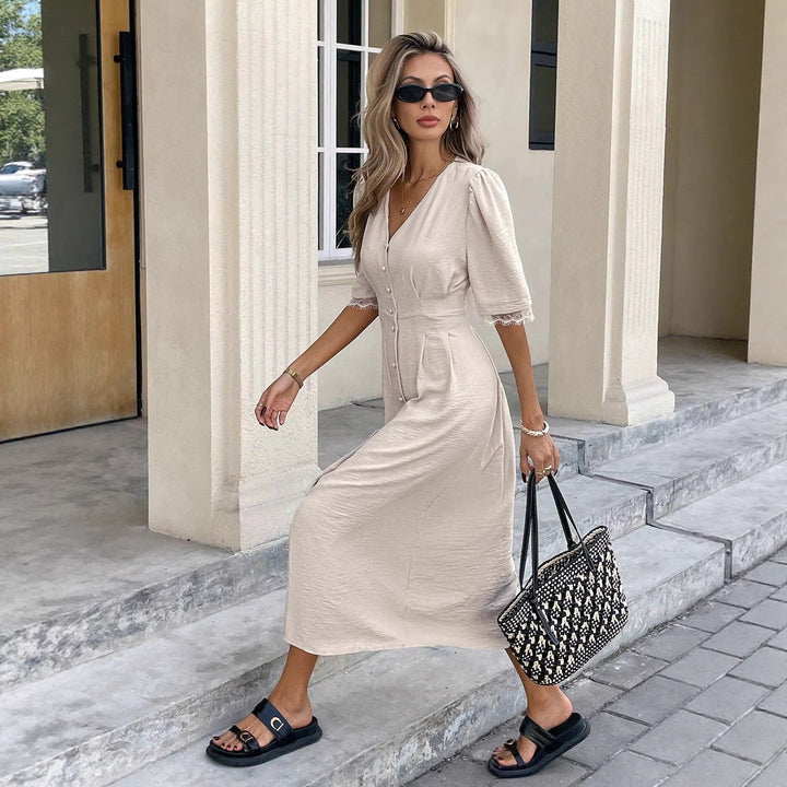 Damen Midi-Kleid mit Knopfdetails und femininen Puffärmeln Drune