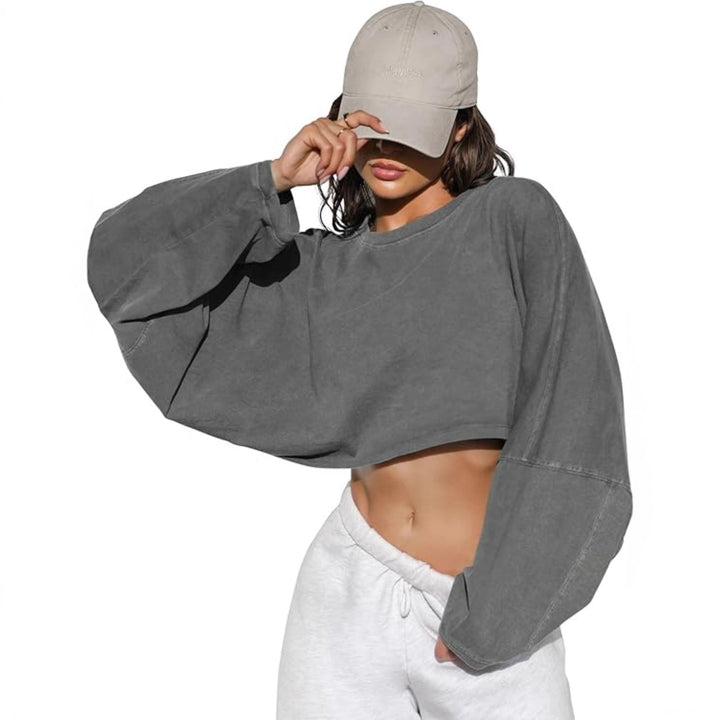 Damen cropped Sweatshirt mit voluminösen Ärmeln und lässigem Schnitt Drune