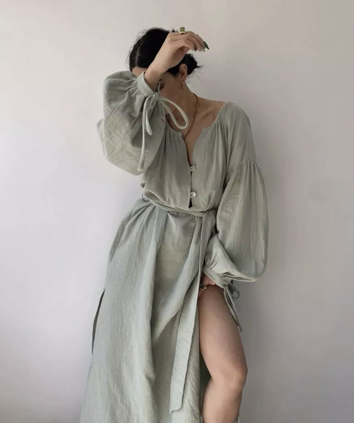 Damen elegantes Maxikleid mit Taillengürtel und Ballonärmeln Drune