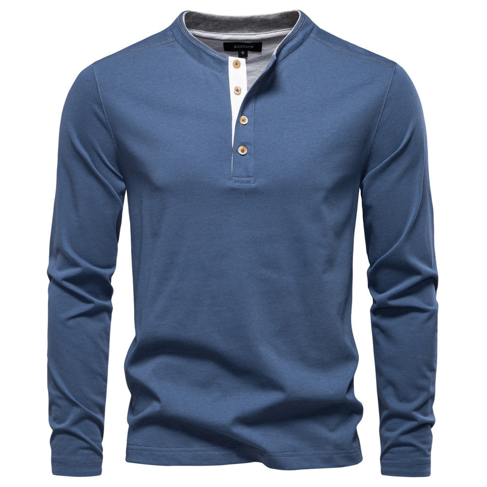 Herren nan legeres Baumwoll-Langarmshirt mit kurzer Knopfleiste und Stehkragen Drune