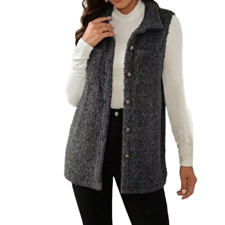Damen Fleece Weste mit Knopfleiste und tiefem Kragen Drune