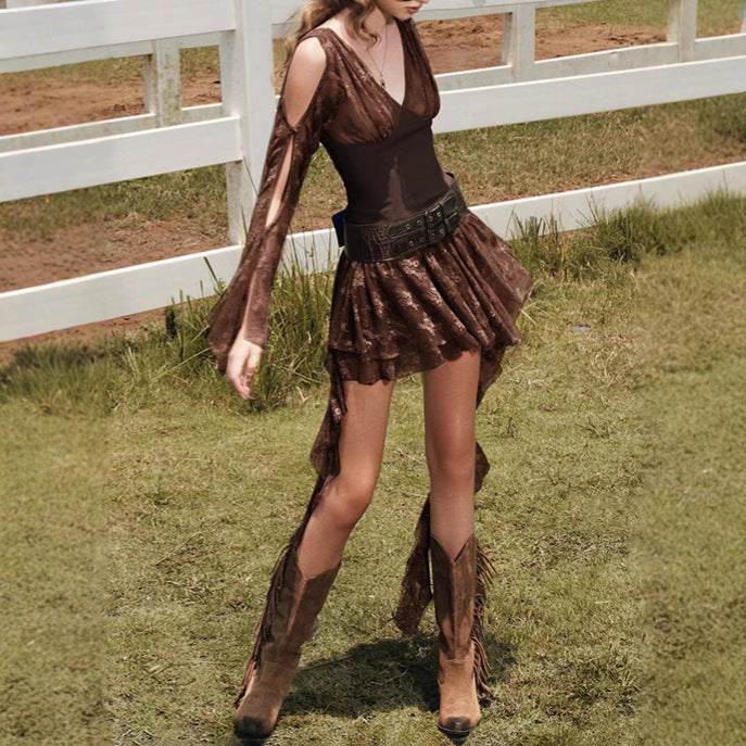 Damen elegantes Wickelkleid mit transparenten Spitzenärmel Drune