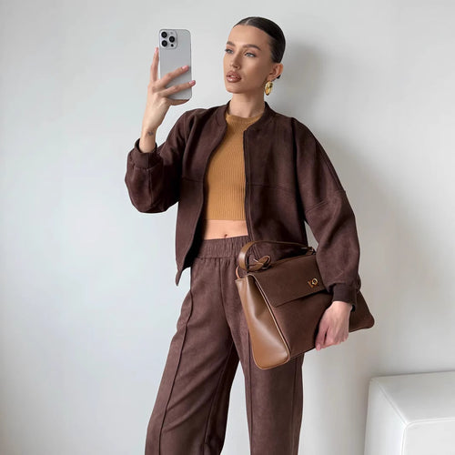 Damen nan zweiteiliges Velours-Loungewear-Set mit kurzem Zip-Hoodie und weiter Highwaist-Hose Drune