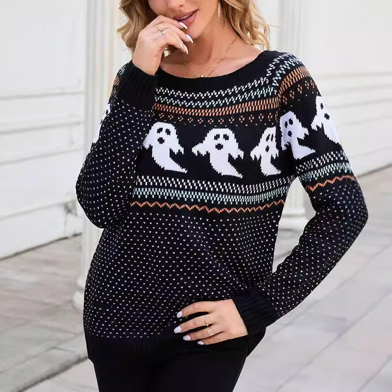 Damen Gestrickter Pullover mit Geistermotiv Drune