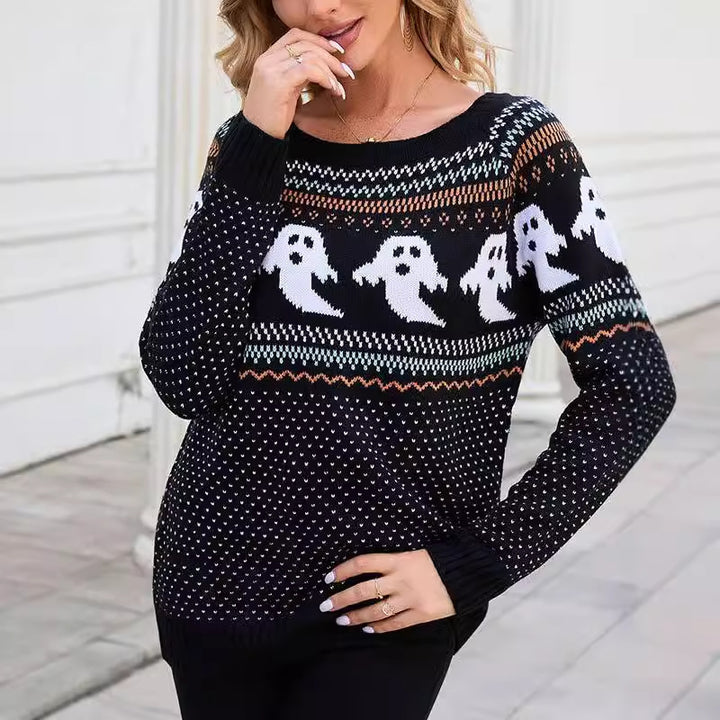 Damen Gestrickter Pullover mit Geistermotiv Drune