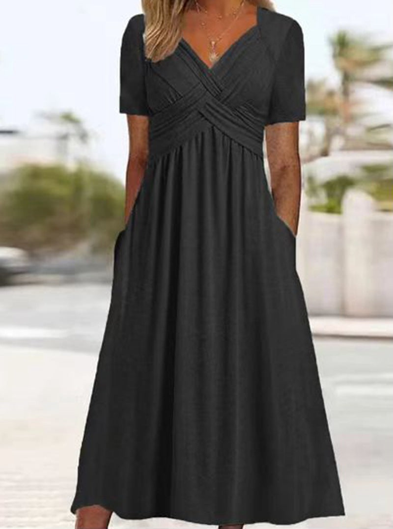 Damen nan fließendes Maxikleid mit gekreuzter Passe V-Ausschnitt Kurzarm und Eingrifftaschen Drune