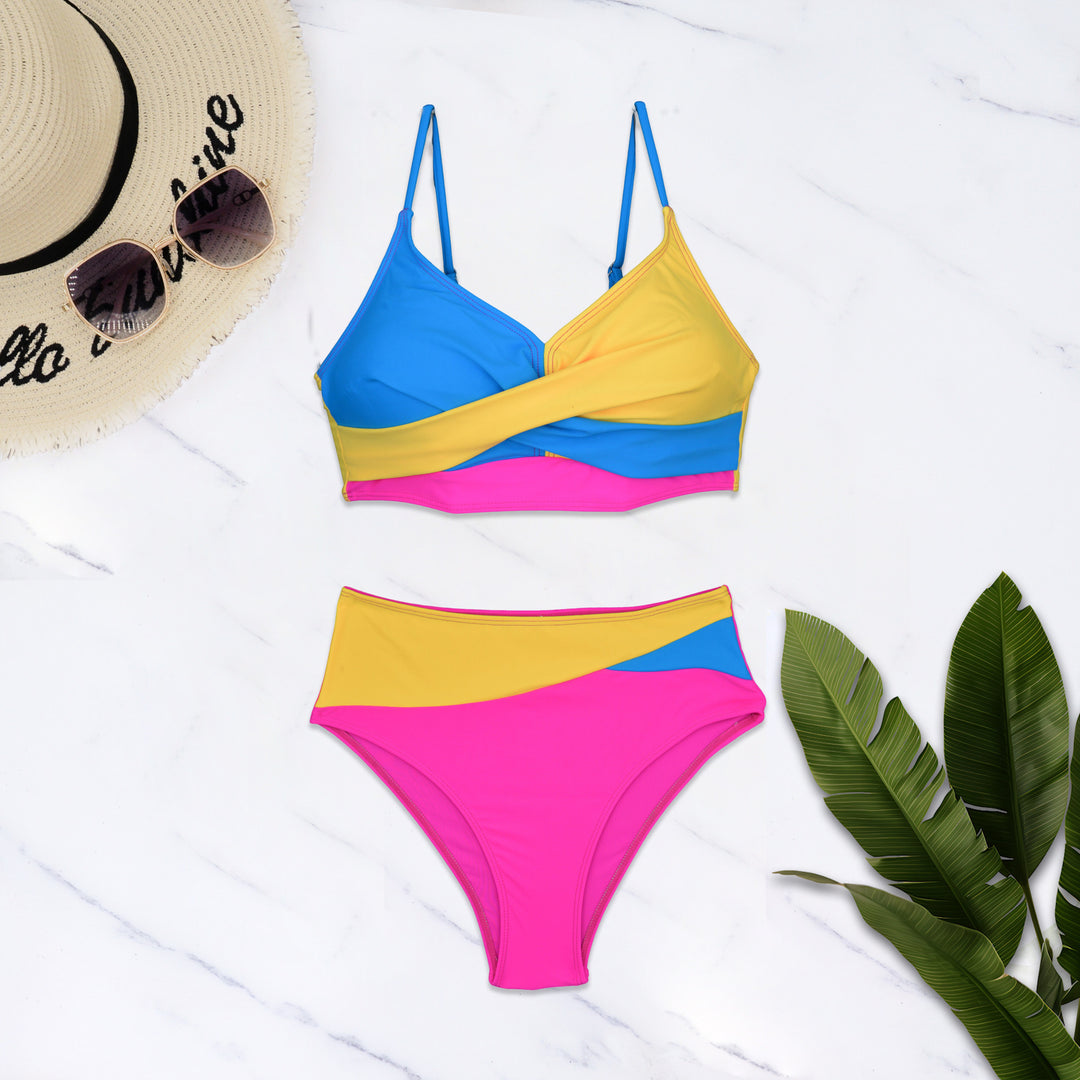Damen Bunt gemusterter Bikini mit crossed Design und hohem Bund Drune