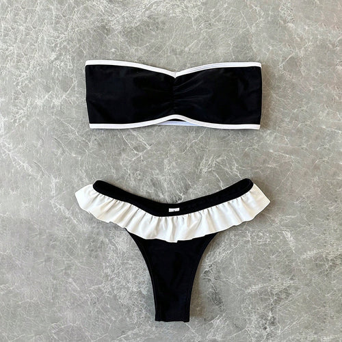 Damen Bandeau-Bikini mit Rüschendetails und kontrastierenden Akzenten Drune