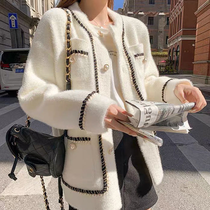Damen modische Strickjacke mit eleganten Kontrastnähten und Knopfdetails Drune