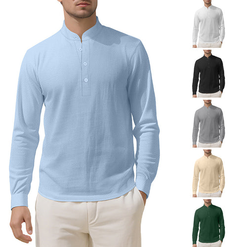 Herren Elegantes Langarmhemd mit Stehkragen und Knopfleiste Drune