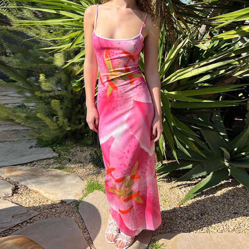 Damen Maxikleid mit floralem Print und verstellbaren Spaghettiträgern Drune
