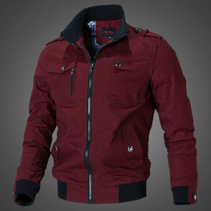Herren nan taillierte Canvas-Bomberjacke mit Stehkragen, Reißverschlussfront, Schulterpatten und funktionalen Taschen Drune