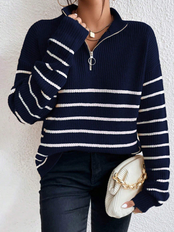 Damen Grob gestrickter Pullover mit Reißverschluss und breitem Streifenmuster Drune