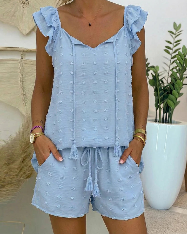 Damen luftiges Freizeit-Set mit Rüschen und Kordelzug Drune