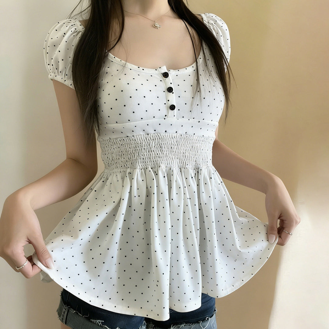 Damen Verspieltes Polka Dots Oberteil mit Rüschen und Knopfleiste Drune