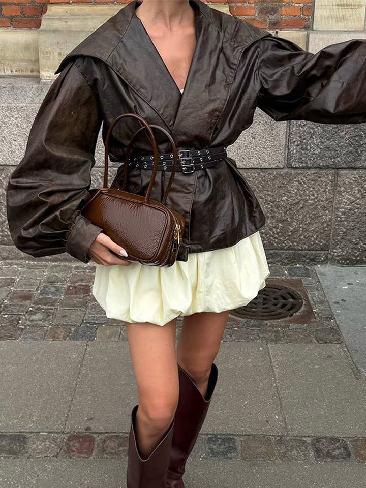 Damen Elegante Lederjacke mit voluminösen Puffärmeln Drune
