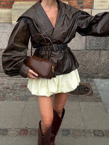 Damen Elegante Lederjacke mit voluminösen Puffärmeln Drune