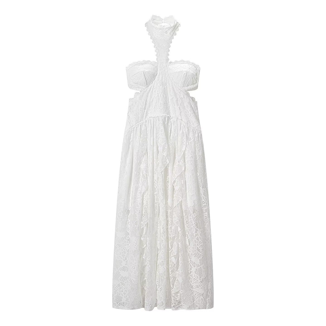Damen Spitzenmaxikleid mit raffinierten Rüschendetails und elegantem Halterneck Drune