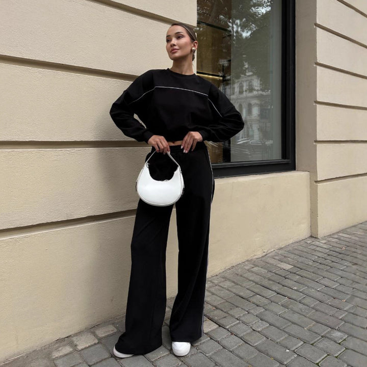 Damen Sportliches Oberteil und Hose Set mit elastischem Bund und Kontrastnähten Drune