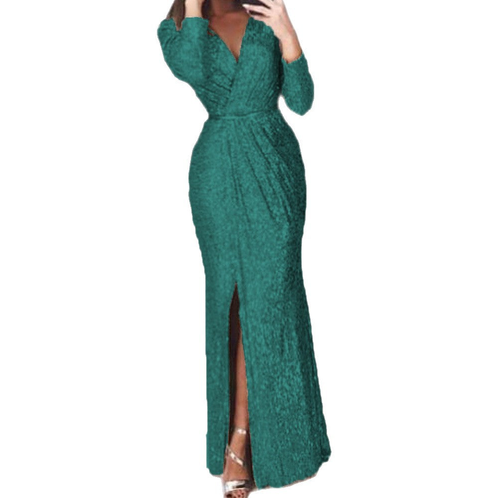 Damen langes Abendkleid mit elegantem Wickelschnitt und Schlitz Drune