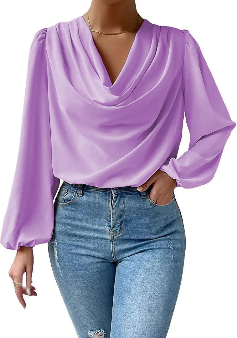 Damen Elegantes Langarm-Blusenoberteil mit Drapierung und weitem Schnitt Drune