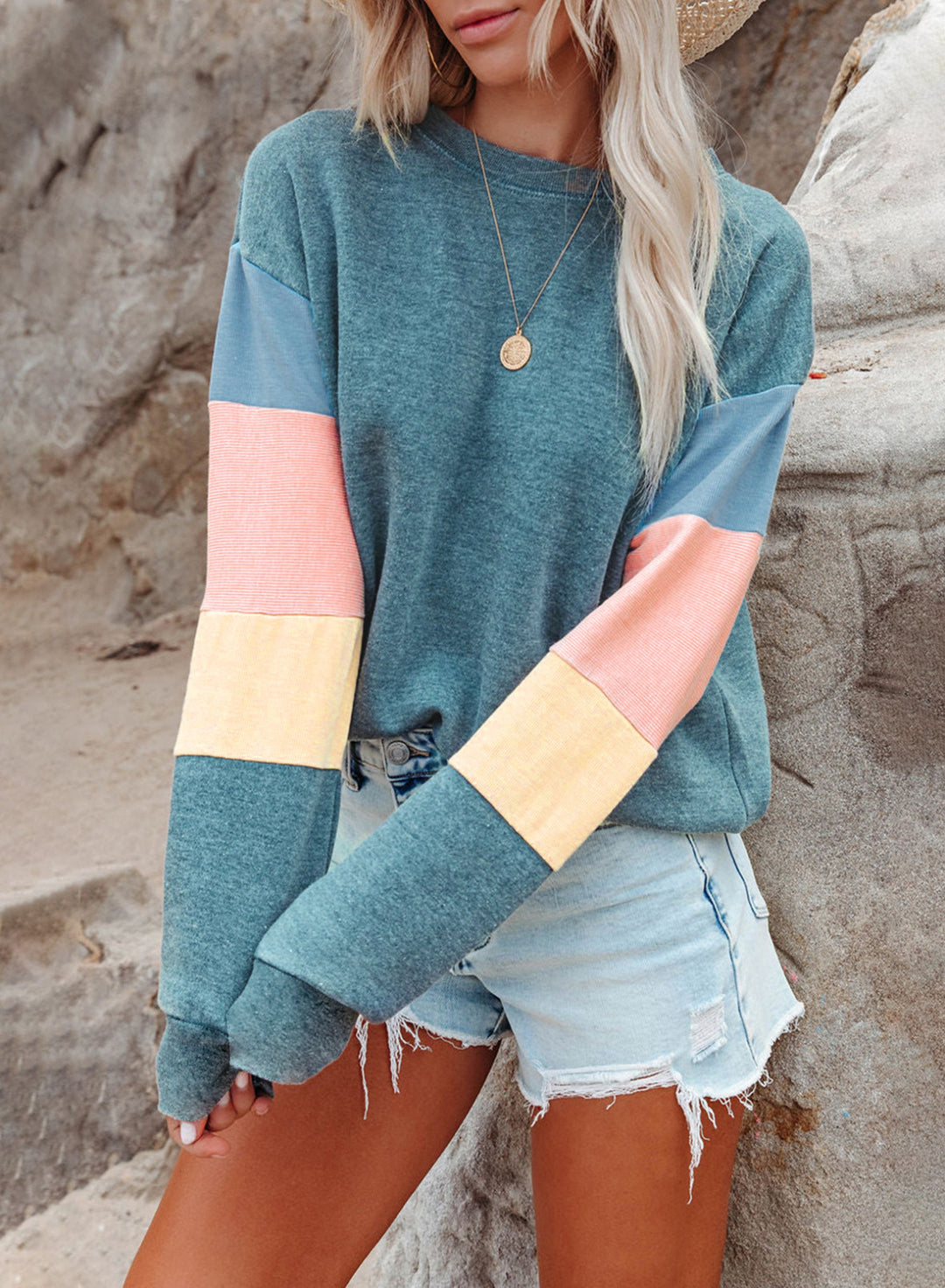 Damen Lässiger Pullover mit Farbblockdesign und hohem Kragen Drune
