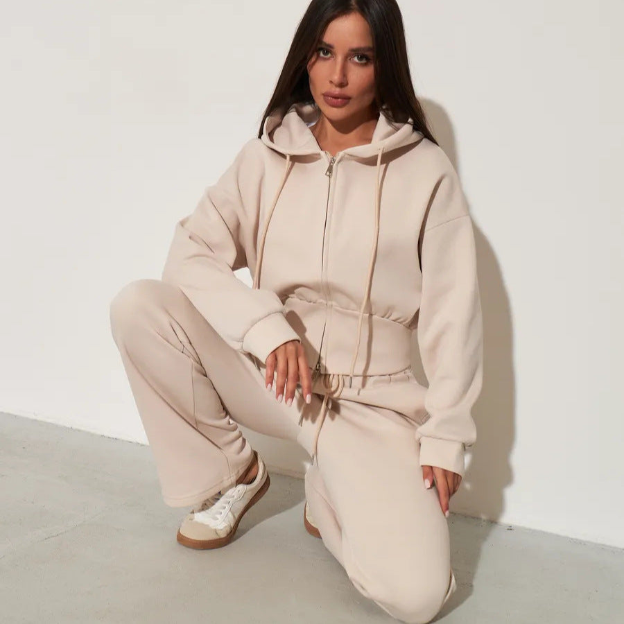 Damen trendiges Cropped Hoodie und weiter Hosen-Set Drune
