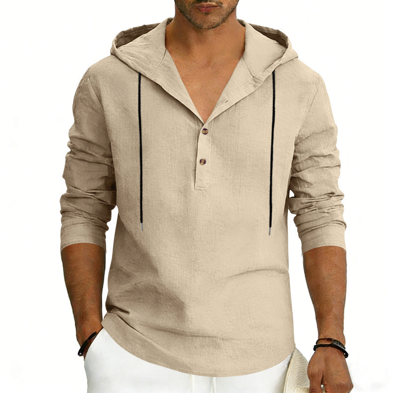 Herren nan Leinen-Henley-Kapuzenhemd mit kurzer Knopfleiste, Kapuze und relaxtem Schnitt Drune
