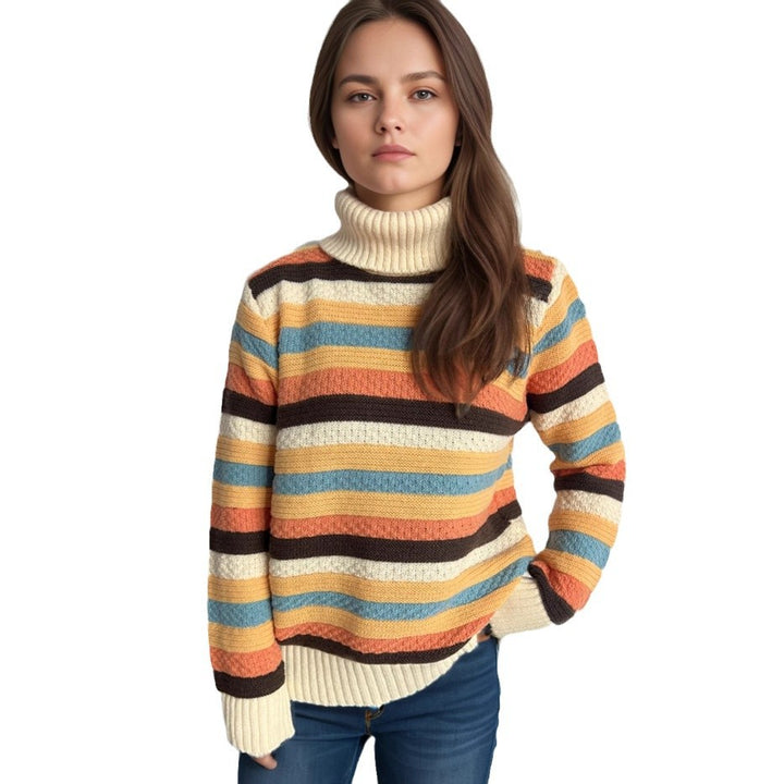 Damen gestreifter Rollkragenpullover mit lässigem Schnitt und weicher Textur Drune