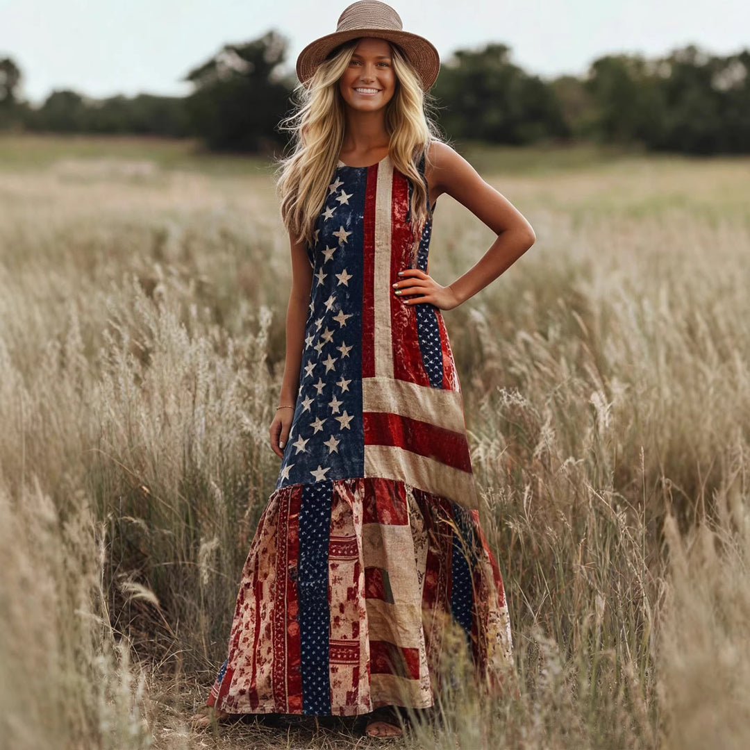 Damen Ethno-Inspirierte Maxikleid mit Flaggenmuster und Rüschensaum Drune