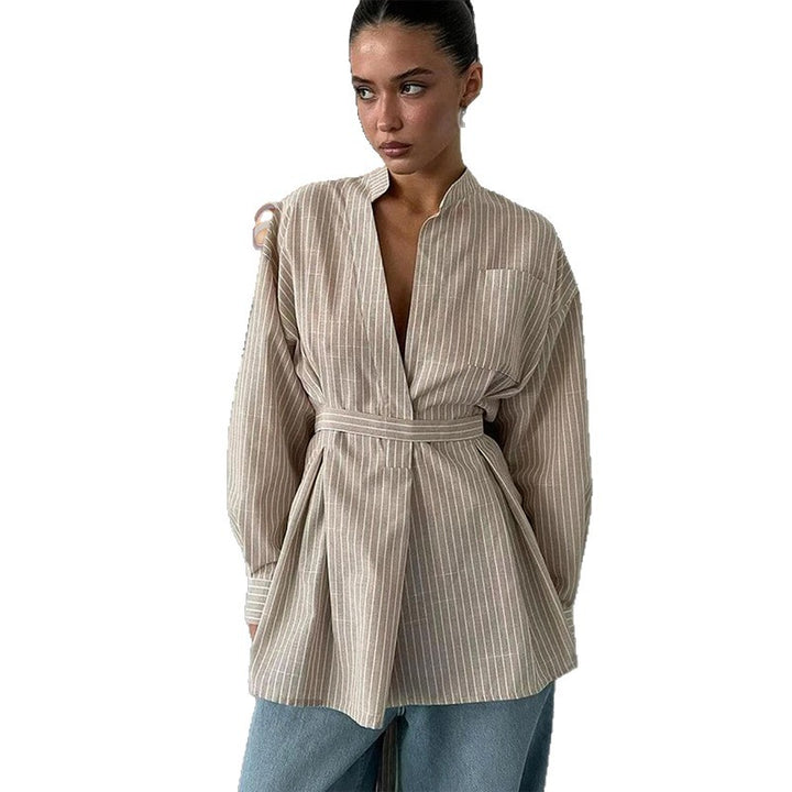 Damen elegante Bluse mit tailliertem Schnitt und Gürtel Drune