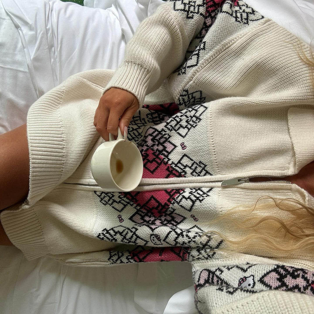 Damen Gemusterter Strickmantel mit asymmetrischem Reißverschluss Drune