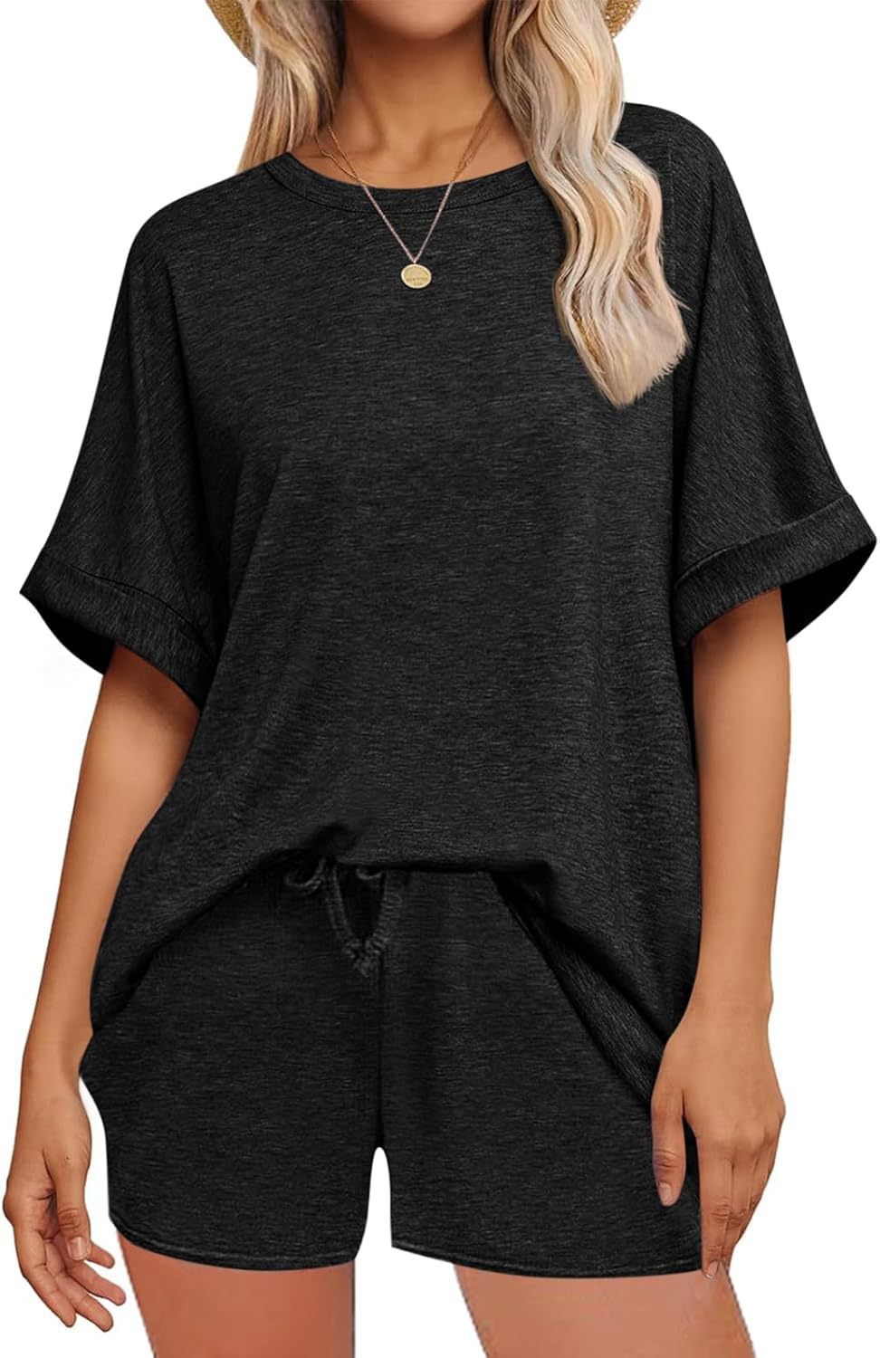 Damen lässiges Freizeit-Set mit oversize T-Shirt und Shorts Drune
