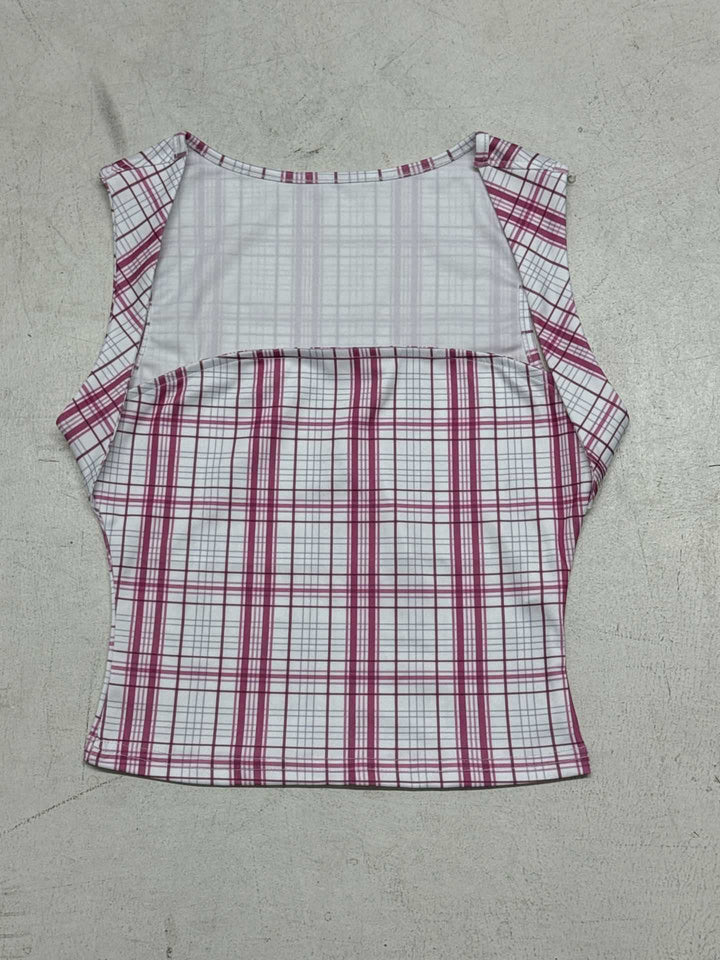 Damen figurbetontes Karo-Top mit elegantem Schnitt und transparenten Einsätzen Drune