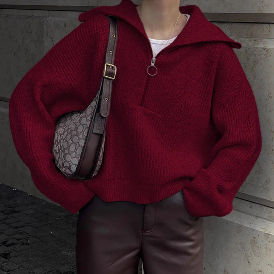 Damen Grober Strickpullover mit Stehkragen und Reißverschluss Drune