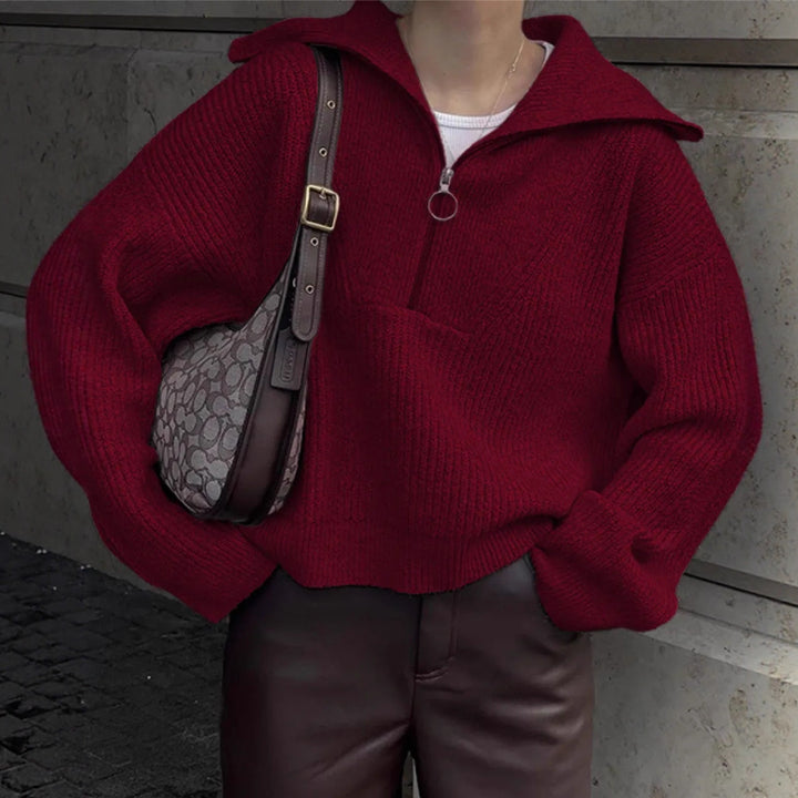 Damen Grober Strickpullover mit Stehkragen und Reißverschluss Drune