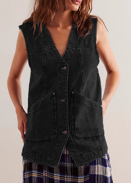 Damen Denim-Latzjacke mit praktischen Taschen und modischem V-Ausschnitt Drune