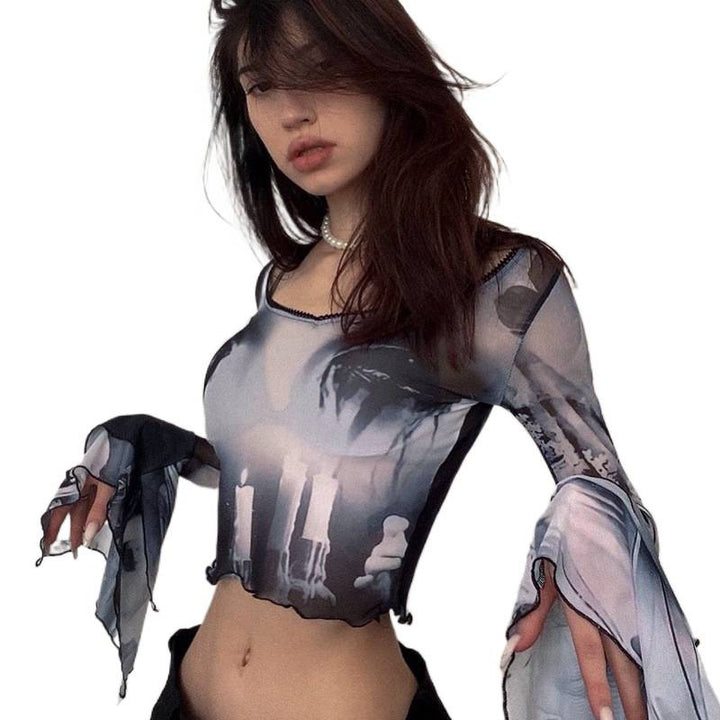 Damen Langarm Crop-Top mit kreative Grafik-Printdetails und ausgestellten Ärmeln Drune