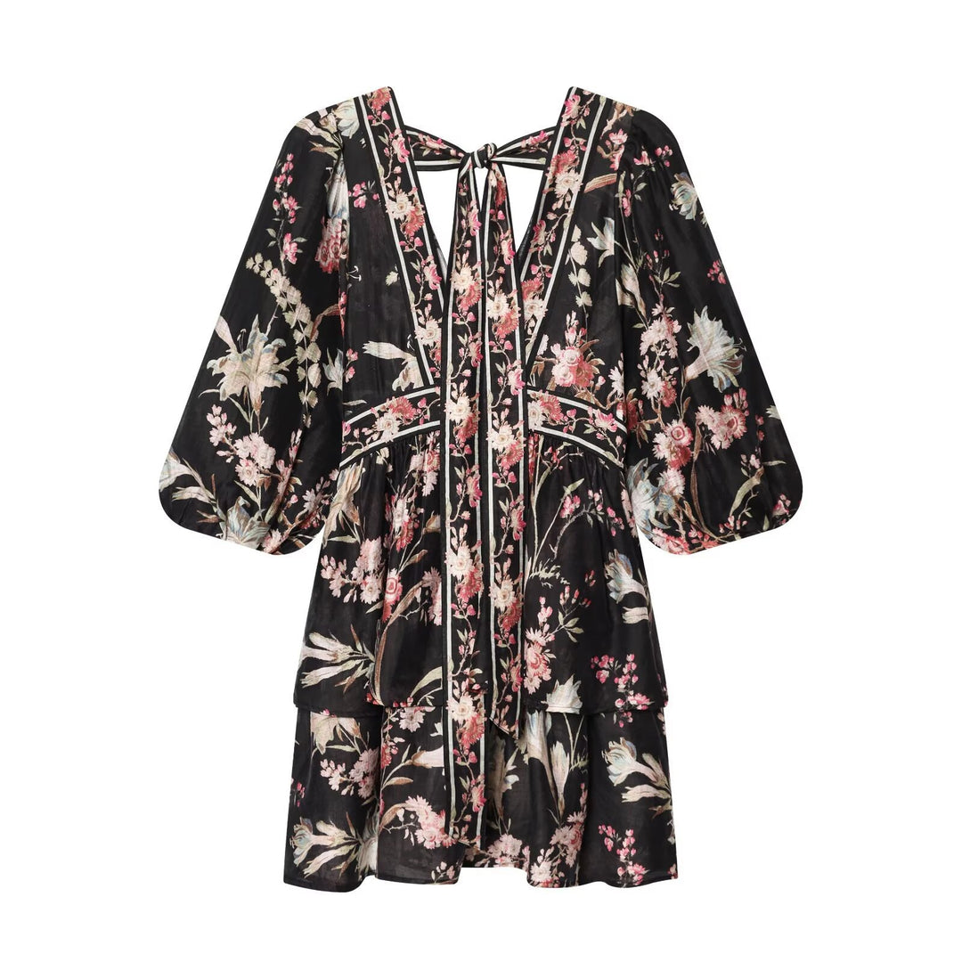 Damen Boho-Kleid mit voluminösen Ärmeln und romantischem Blumenmuster Drune