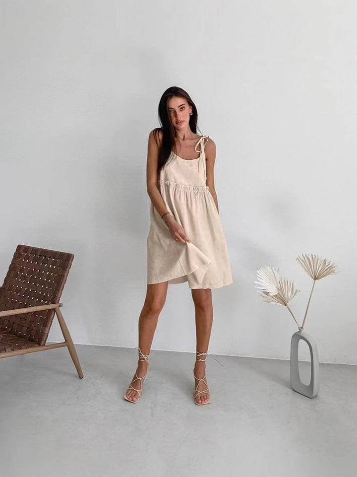 Damen lässiges Spaghettiträger-Kleid mit elastischem Bund und dekorativen Schleifen Drune
