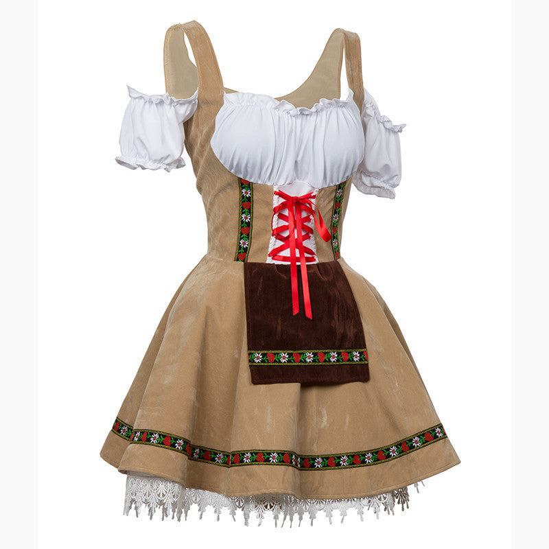 Damen nan traditionelles Oktoberfest Dirndl Kleid mit Schnürung, Schürze und Spitzenbesatz Drune