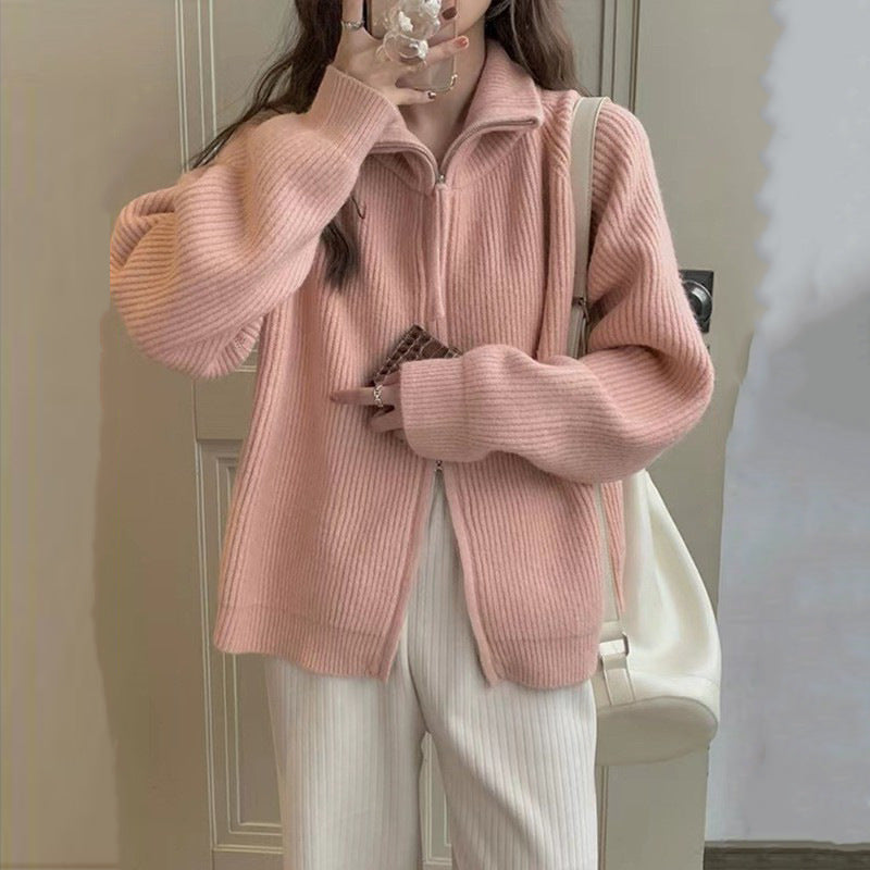 Damen Strickjacke mit hoher Kragenverzierung und Reißverschluss Drune