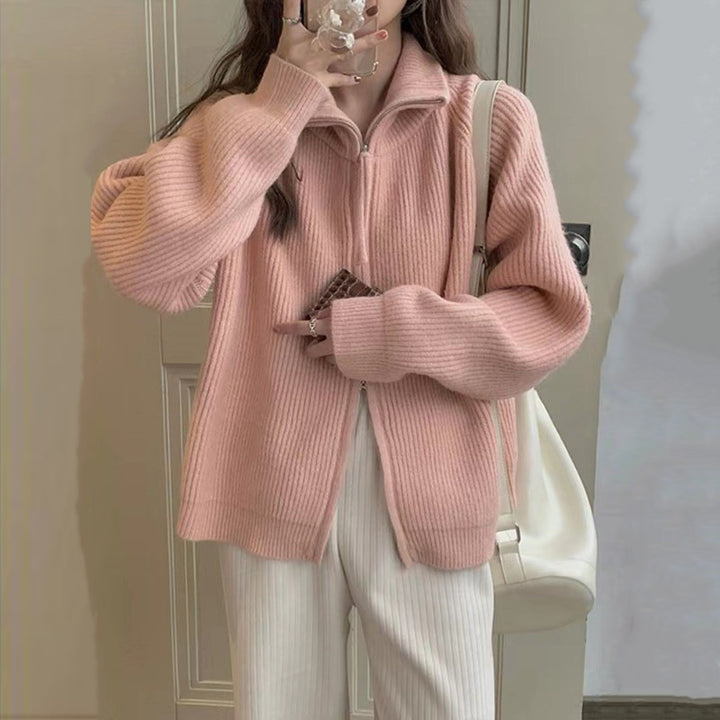 Damen Strickjacke mit hoher Kragenverzierung und Reißverschluss Drune