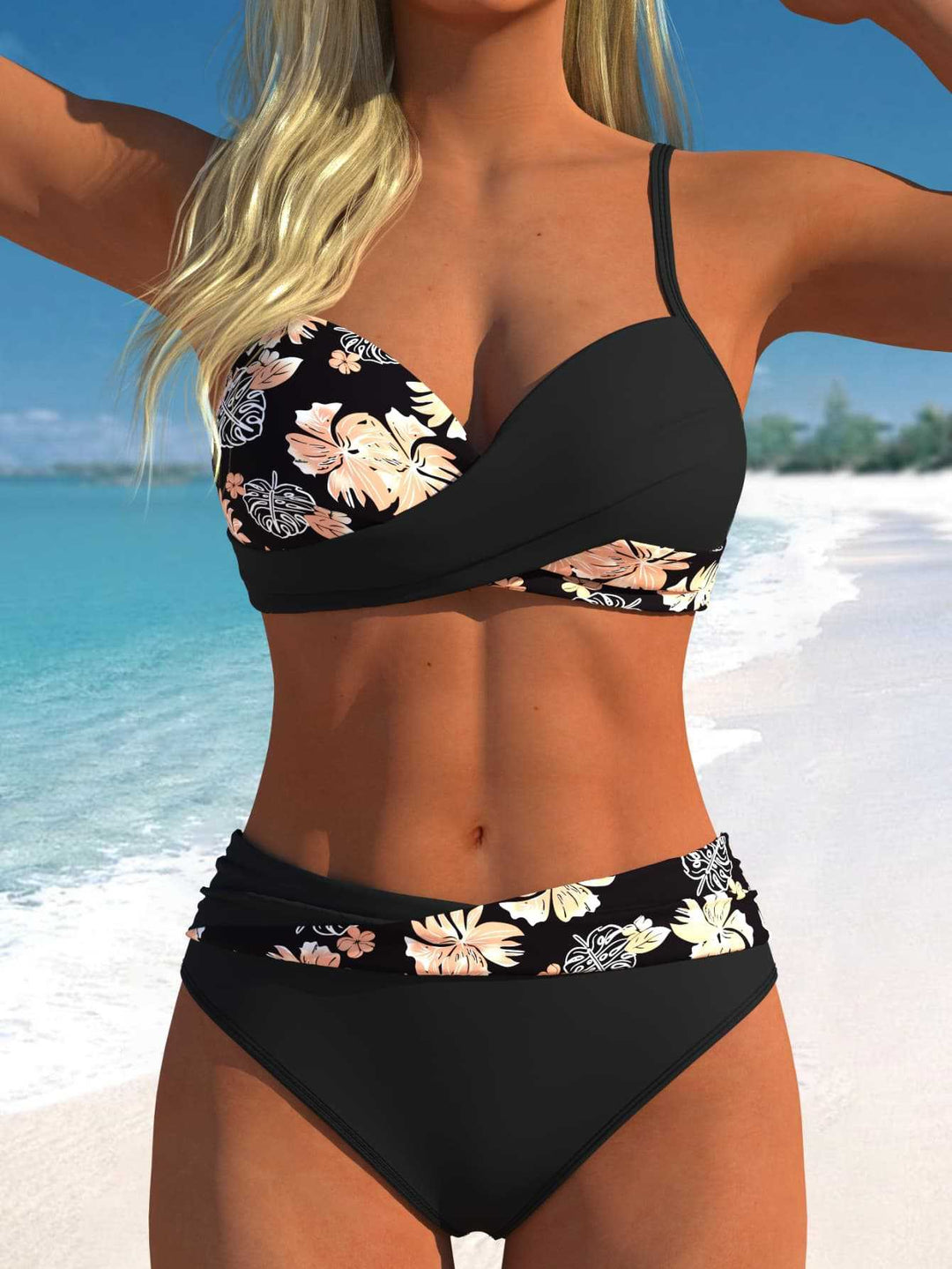 Damen Wickel-Bikini-Set mit floralem Design und hohem Bund Drune