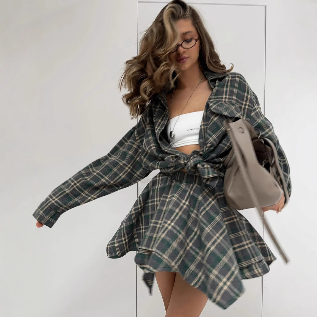 Damen lässiges Karo-Hemdkleid aus weichem Material Drune