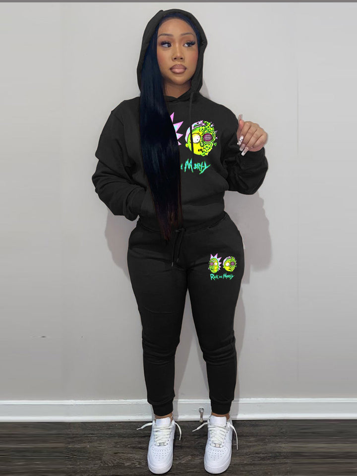 Damen Freizeit Hoodie und Jogginghose Set mit stylischem Cartoon-Druck Drune