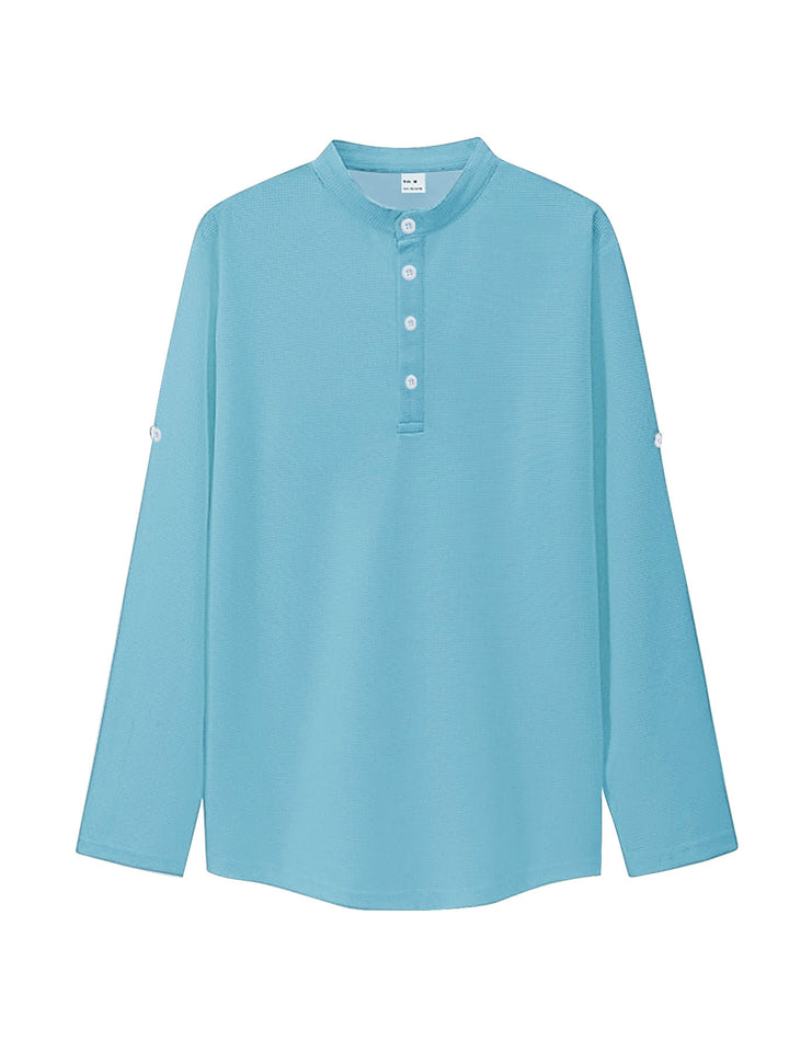 Damen nan oversized Langarm-Henley mit Stehkragen Waffelstruktur und Ärmelsicherung Drune