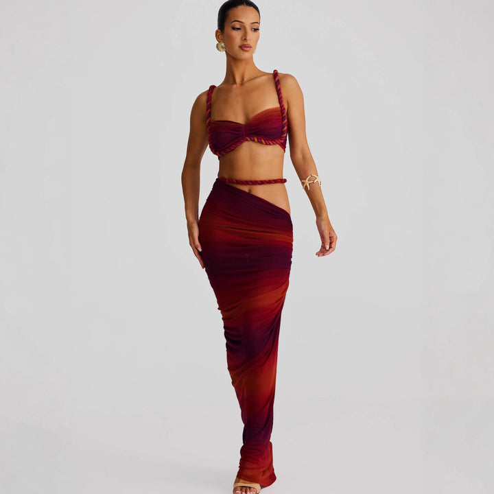 Damen Set mit crop Top und langem Rüschenrock Drune